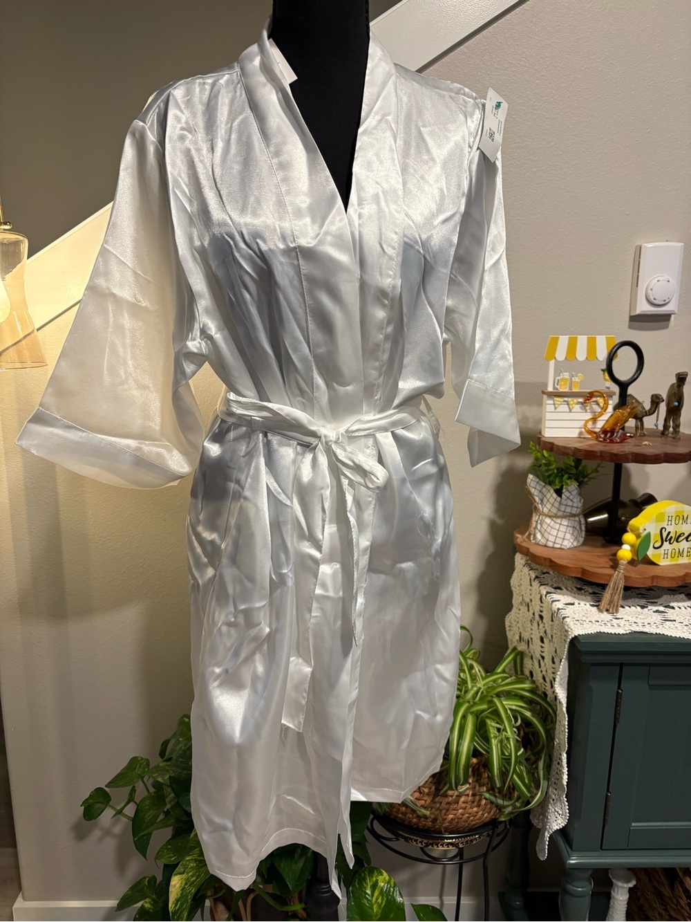Women’s Satin White Kimono Robe with Self-Tie Belt